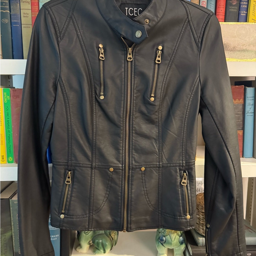 Black Leather Moto Jacket with Gold Zippers